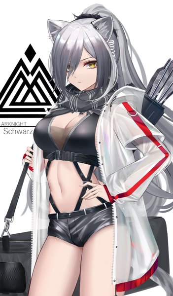 Anime picture 1900x3245 with arknights schwarz (arknights) eternity (shadeh) single long hair tall image looking at viewer fringe highres breasts light erotic simple background standing white background holding animal ears yellow eyes cleavage ponytail tail