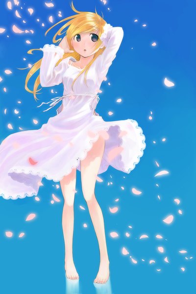 Anime picture 667x1000 with original ikeda jun (mizutamari) single long hair tall image fringe light erotic simple background blonde hair standing purple eyes looking away full body long sleeves parted lips barefoot wind arms up bare legs :o