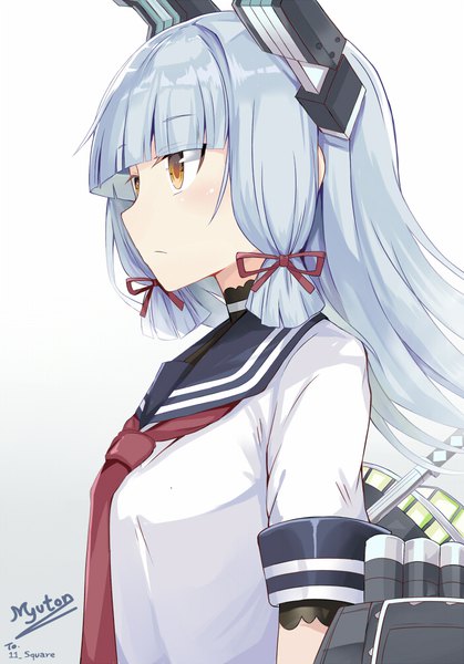 Anime picture 700x1002 with kantai collection murakumo destroyer myuton single long hair tall image blush fringe simple background white background signed yellow eyes looking away silver hair blunt bangs gradient background expressionless tress ribbon girl uniform