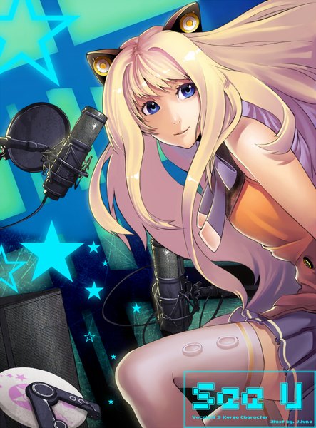 Anime picture 1212x1640 with vocaloid seeu jjune single long hair tall image blue eyes blonde hair girl star (symbol) microphone