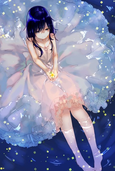 Anime picture 1378x2039 with original kuroba 00 single long hair tall image fringe breasts blue eyes hair between eyes sitting bare shoulders holding blue hair looking away cleavage barefoot light smile from above sleeveless tears