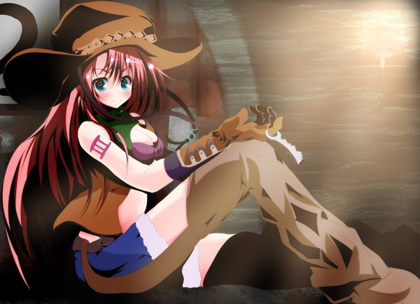 Anime picture 1306x946 with vocaloid megurine luka blue eyes pink hair red hair cowboy girl gloves hat cowboy hat
