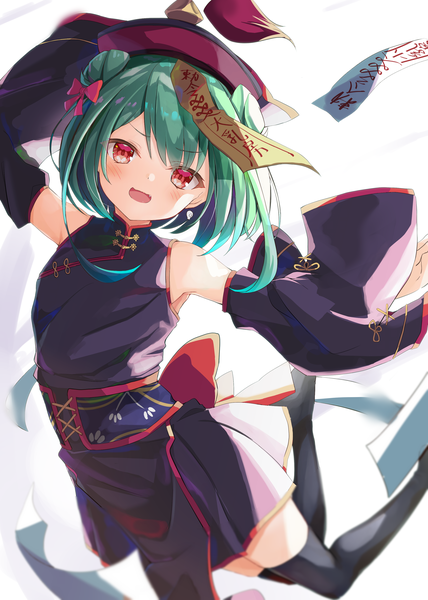 Anime picture 2500x3500 with virtual youtuber hololive uruha rushia toshizou (0714) single tall image looking at viewer highres short hair open mouth red eyes white background traditional clothes :d green hair hair bun (hair buns) chinese clothes halloween jumping girl