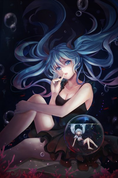 Anime picture 800x1200 with vocaloid shinkai shoujo (vocaloid) hatsune miku bottle miku l.bou single tall image looking at viewer open mouth blue eyes twintails blue hair very long hair dark background underwater girl dress black dress bubble (bubbles)