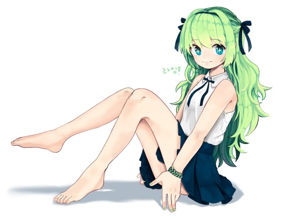 Anime picture 2429x1769 with grand chase lime serenity nacsi (amo) single long hair highres bare shoulders green eyes nail polish barefoot green hair light smile legs + + girl skirt