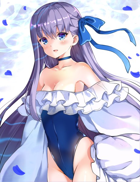 Anime picture 1000x1300 with fate (series) fate/grand order meltryllis (fate) meltryllis (swimsuit lancer) (fate) pilokey single tall image blush fringe breasts open mouth blue eyes light erotic hair between eyes looking away cleavage purple hair very long hair :d highleg