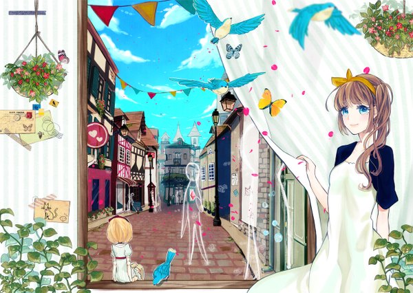 Anime picture 1223x870 with original vient long hair looking at viewer short hair blue eyes blonde hair smile brown hair sitting multiple girls sky cloud (clouds) from behind city girl flower (flowers) ribbon (ribbons) 2 girls plant (plants)