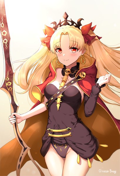 Anime picture 2511x3682 with fate (series) fate/grand order ereshkigal (fate) greem bang single long hair tall image looking at viewer blush fringe highres breasts light erotic blonde hair simple background smile red eyes standing holding signed