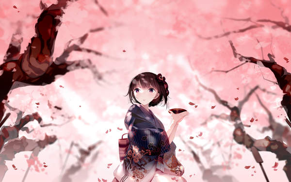 Anime picture 1920x1200 with original atha (leejuiping) single blush fringe highres short hair brown hair sitting purple eyes holding looking away outdoors blunt bangs traditional clothes parted lips japanese clothes cherry blossoms floral print spring