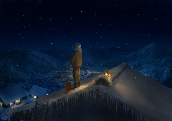 Anime picture 1000x707 with original you shimizu standing holding sky from above night light winter snow mountain city lights ambiguous gender cleaning boots winter clothes ice roof icicle