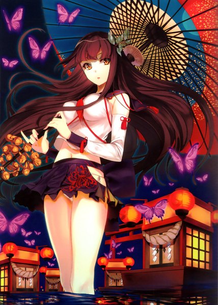 Anime picture 3676x5158 with original yuunagi (seventh heaven) single long hair tall image looking at viewer highres light erotic brown hair brown eyes absurdres pantyshot girl detached sleeves miniskirt insect butterfly umbrella bell