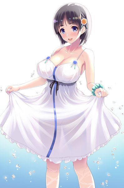 Anime picture 1280x1931 with sword art online a-1 pictures kirigaya suguha kawase seiki single tall image looking at viewer blush fringe short hair breasts open mouth light erotic simple background smile large breasts standing purple eyes holding cleavage