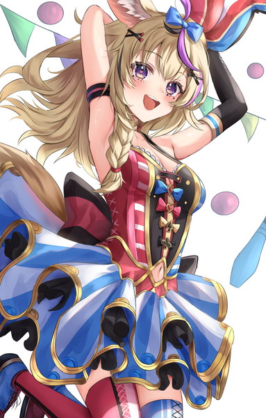 Anime picture 1672x2616 with virtual youtuber hololive omaru polka una hirag single long hair tall image looking at viewer blush fringe breasts open mouth simple background blonde hair smile white background purple eyes animal ears braid (braids) :d