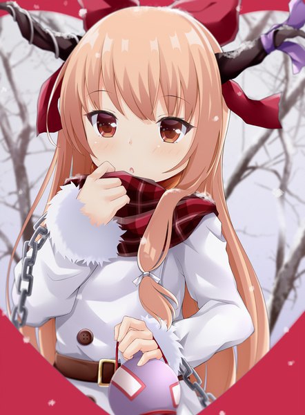 Anime picture 750x1018 with touhou ibuki suika maccha single long hair tall image blush blonde hair red eyes upper body horn (horns) fur trim adjusting clothes girl bow hair bow scarf fur chain plaid scarf