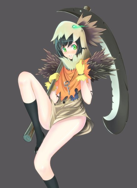 Anime picture 1506x2061 with league of legends fiddlesticks (league of legends) single tall image looking at viewer short hair light erotic black hair smile green eyes grey background genderswap girl thighhighs gloves black thighhighs shoes headdress scythe key