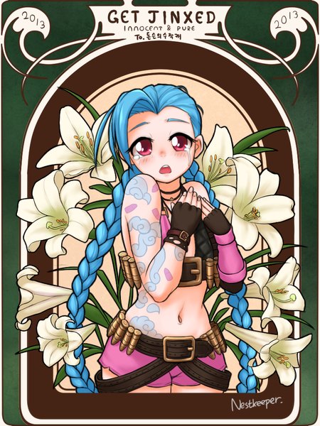 Anime picture 768x1024 with league of legends jinx (league of legends) nestkeeper single long hair tall image looking at viewer blush fringe open mouth red eyes blue hair braid (braids) bare belly tattoo twin braids girl gloves navel flower (flowers)