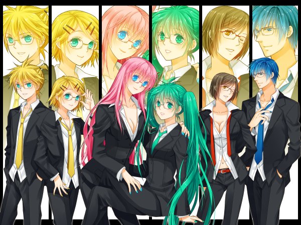 Anime picture 1200x900 with vocaloid hatsune miku megurine luka kagamine rin kagamine len kaito (vocaloid) meiko cleavage girl glasses necktie