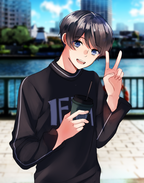 Anime picture 1100x1400 with original pochi (iasoreil) single tall image looking at viewer fringe short hair open mouth blue eyes black hair smile hair between eyes holding upper body outdoors head tilt :d blurry teeth victory