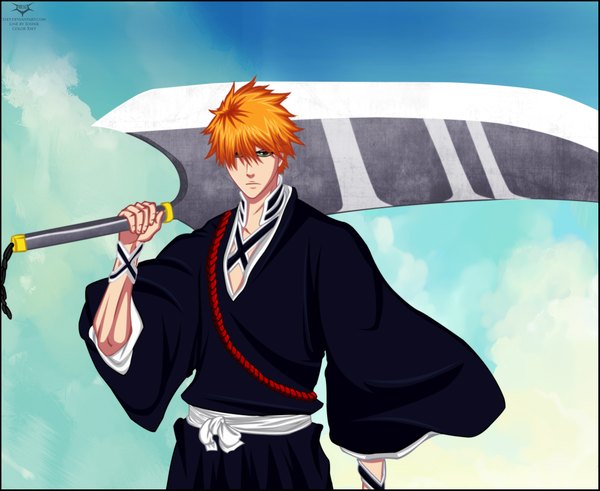 Anime picture 2181x1787 with bleach studio pierrot kurosaki ichigo xset single highres short hair brown eyes sky cloud (clouds) japanese clothes orange hair coloring boy weapon belt kimono chain huge weapon huge sword