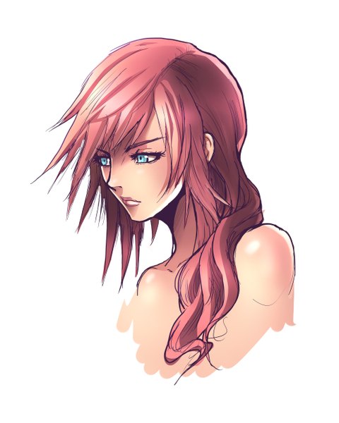 Anime picture 2000x2500 with final fantasy final fantasy xiii square enix lightning farron tom skender single long hair tall image highres blue eyes simple background white background bare shoulders looking away pink hair lips girl
