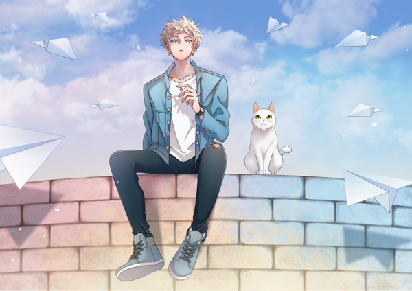 Anime picture 4093x2894 with original sibato5 single highres short hair blue eyes blonde hair sitting absurdres cloud (clouds) full body outdoors piercing ear piercing looking up casual brick wall boy animal shoes