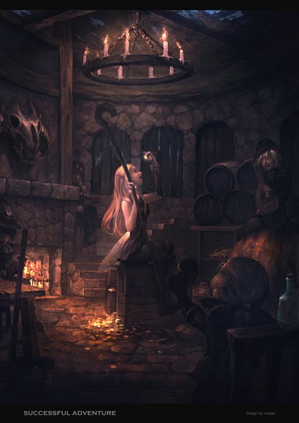 Anime picture 818x1158 with original andou (masaki768) long hair tall image short hair open mouth blonde hair sitting multiple girls ponytail indoors profile horn (horns) pointy ears from behind inscription fairy music musician girl