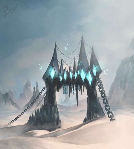 Anime picture 1024x1139 with aion kaminary tall image sky flying landscape silhouette rock desert hood building (buildings) chain cloak crystal scythe stone (stones) castle