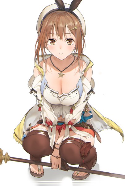 Anime picture 1000x1480 with atelier (series) atelier ryza gust (company) reisalin stout neee-t single tall image looking at viewer blush fringe short hair breasts simple background brown hair large breasts white background bare shoulders holding brown eyes cleavage
