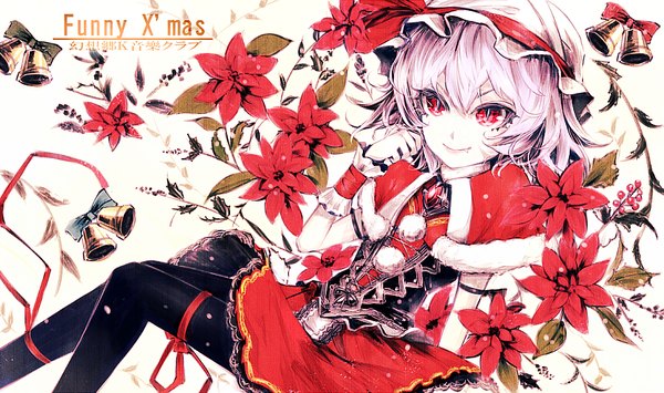 Anime picture 851x504 with touhou remilia scarlet uni (bom19850101) single short hair smile hair between eyes red eyes wide image purple hair from above christmas merry christmas girl flower (flowers) ribbon (ribbons) pantyhose bell bonnet corset