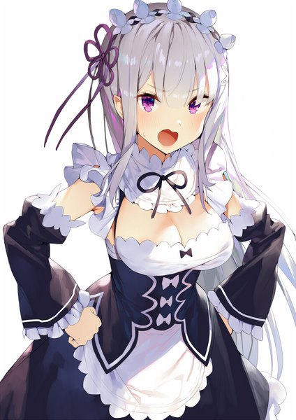 Anime picture 706x1000 with re:zero kara hajimeru isekai seikatsu white fox emilia (re:zero) gaou (umaiyo puyoman) single long hair tall image looking at viewer blush fringe breasts open mouth simple background hair between eyes large breasts standing white background purple eyes payot cleavage