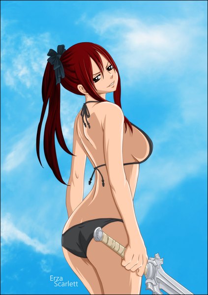 Anime picture 1410x2000 with fairy tail erza scarlet kayamah single long hair tall image light erotic simple background brown eyes sky cloud (clouds) ponytail red hair looking back light smile from behind inscription coloring girl ribbon (ribbons)