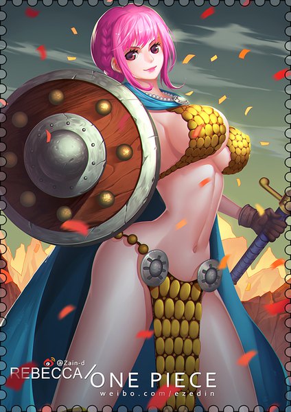 Anime picture 650x919 with one piece toei animation rebecca (one piece) zhang ding single long hair tall image looking at viewer fringe breasts light erotic smile hair between eyes large breasts standing holding signed payot pink hair outdoors