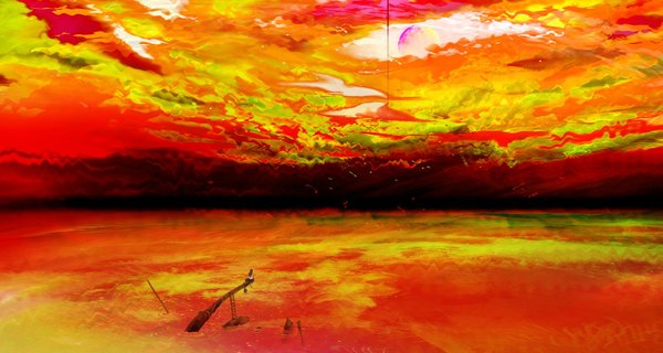 Anime picture 1500x801 with original kazaana single long hair brown hair wide image sitting looking away sky cloud (clouds) sunlight back evening sunset abstract girl water sun