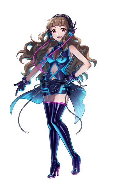 Anime picture 1400x2300 with idolmaster idolmaster cinderella girls idolmaster cinderella girls starlight stage kamiya nao tajo05 single long hair tall image fringe open mouth red eyes brown hair full body blunt bangs high heels zettai ryouiki sleeveless hand on hip transparent background nothing but you