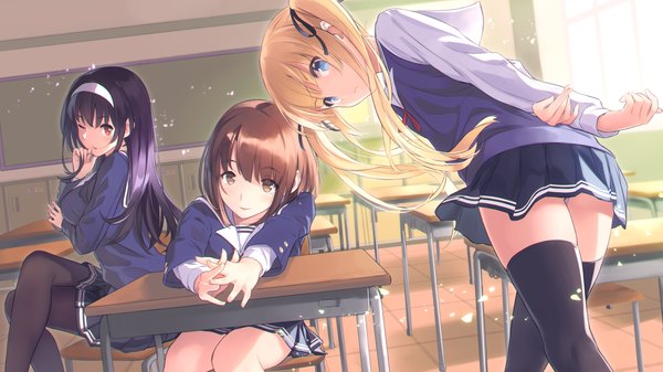 Anime picture 1920x1080 with saenai heroine no sodatekata a-1 pictures kasumigaoka utaha katou megumi sawamura spencer eriri supertie looking at viewer highres blue eyes light erotic red eyes wide image sitting twintails multiple girls brown eyes pleated skirt one eye closed wink sunlight