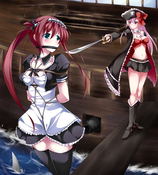 Anime picture 1200x1333 with queen's blade airi (queen's blade) captain liliana maullarmaullar long hair tall image light erotic twintails multiple girls green eyes pink hair red hair pink eyes maid bondage pirate girl thighhighs bow black thighhighs