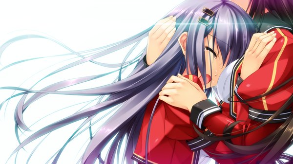 Anime picture 1280x720 with koi iro marriage takamiya kuon murakami suigun long hair open mouth simple background wide image white background multiple girls game cg eyes closed grey hair tears girl uniform 2 girls school uniform