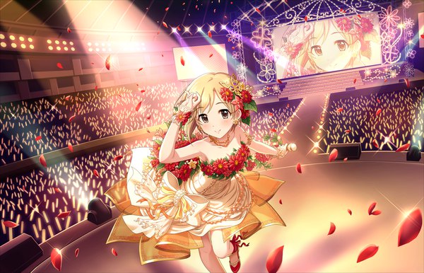 Anime picture 1280x824 with idolmaster idolmaster cinderella girls idolmaster cinderella girls starlight stage aiba yumi looking at viewer blush fringe short hair blonde hair smile hair between eyes standing bare shoulders holding brown eyes bent knee (knees) hair flower light smile official art sparkle