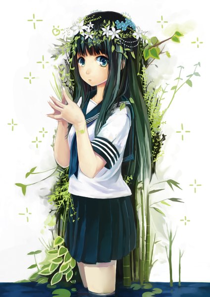 Anime picture 1060x1500 with original souzyu single long hair tall image looking at viewer blush standing pleated skirt hair flower dark hair fingers together girl skirt uniform hair ornament flower (flowers) plant (plants) miniskirt water