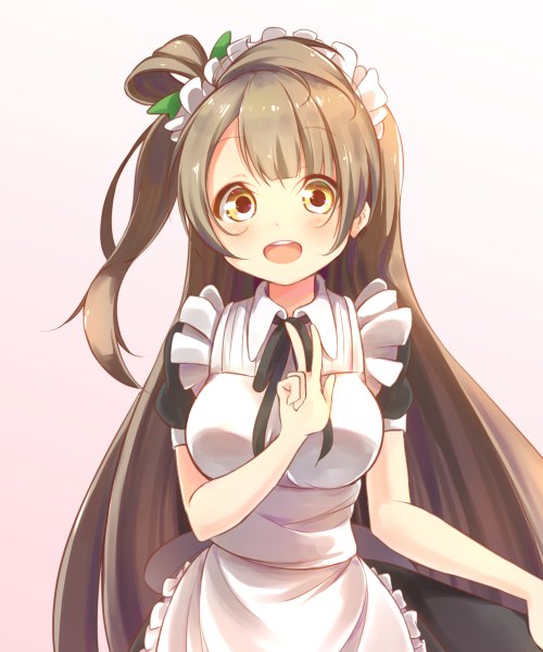 Anime picture 1000x1200 with love live! school idol project sunrise (studio) love live! minami kotori pachi (sugiyama0306) single long hair tall image looking at viewer blush fringe breasts open mouth simple background brown hair yellow eyes maid one side up victory pointing