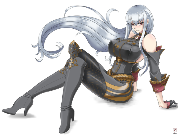 Anime picture 1722x1312 with valkyria chronicles selvaria bles kawa-v single long hair blush highres breasts light erotic simple background red eyes white background sitting silver hair huge breasts crossed legs girl