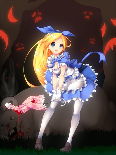 Anime picture 750x1000 with alice in wonderland alice (wonderland) koflif single long hair tall image open mouth blue eyes blonde hair closed umbrella girl dress gloves bow hair bow animal shoes frills blood umbrella