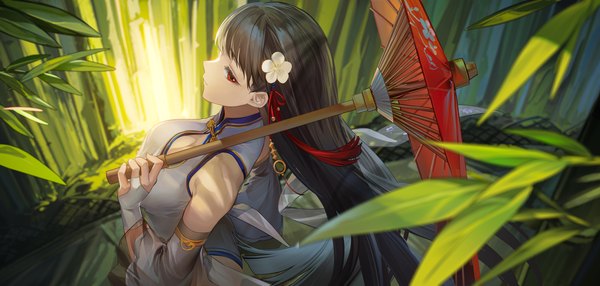 Anime picture 1748x834 with azur lane yat sen (azur lane) rff (3 percent) single long hair looking at viewer fringe highres breasts red eyes brown hair wide image large breasts standing holding outdoors blunt bangs traditional clothes profile hair flower