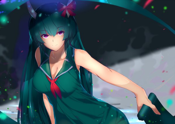 Anime picture 1129x800 with touhou kamishirasawa keine ex-keine kameponde single long hair fringe breasts smile large breasts purple eyes cleavage horn (horns) green hair sleeveless girl bow hair bow detached sleeves