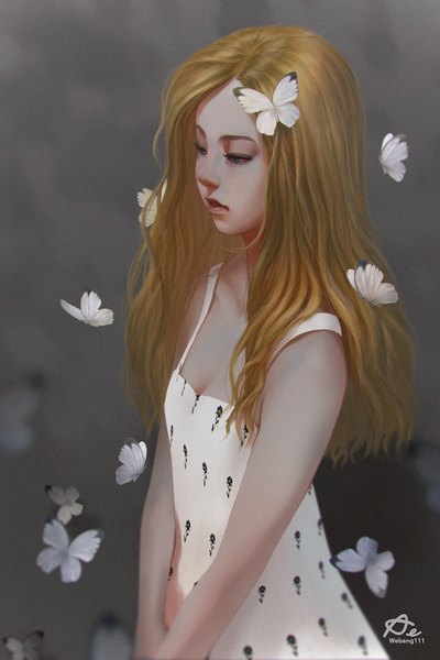Anime picture 667x1000 with original webang111 single long hair tall image blue eyes simple background blonde hair bare shoulders signed looking away upper body parted lips lips realistic grey background floral print watermark makeup girl
