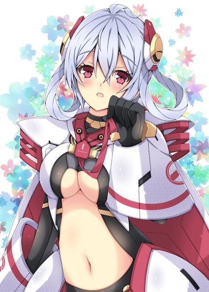 Anime picture 1000x1399 with phantasy star phantasy star online 2 sega matoi (pso2) milkpanda single long hair tall image looking at viewer blush breasts open mouth light erotic red eyes silver hair floral background girl navel hair ornament
