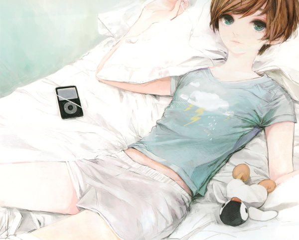 Anime picture 2042x1646 with original ipod pixiv boys collections 2009 atori (pixiv369356) single highres short hair brown hair green eyes scan boy bed toy stuffed animal t-shirt penguin