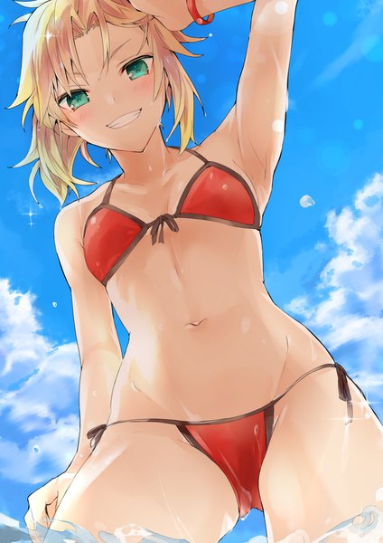 Anime picture 1200x1697 with fate (series) fate/grand order mordred (fate) mordred (swimsuit rider) (fate) tomozero single tall image looking at viewer blush fringe short hair breasts light erotic blonde hair smile standing payot sky cloud (clouds) outdoors
