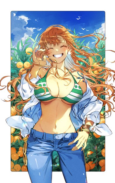 Anime-Bild 2711x4303 mit one piece toei animation nami (one piece) oboro keisuke single long hair tall image blush highres breasts light erotic smile large breasts standing sky cleavage cloud (clouds) outdoors eyes closed arm up