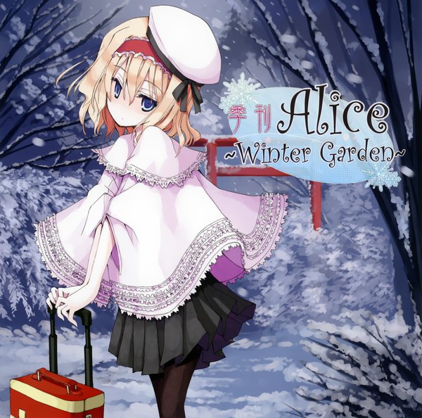 Anime picture 2141x2123 with touhou alice margatroid mochikin (jijijin) single blush highres short hair blonde hair snowing winter snow girl skirt miniskirt hairband black skirt beret snowflake (snowflakes) mantle torii